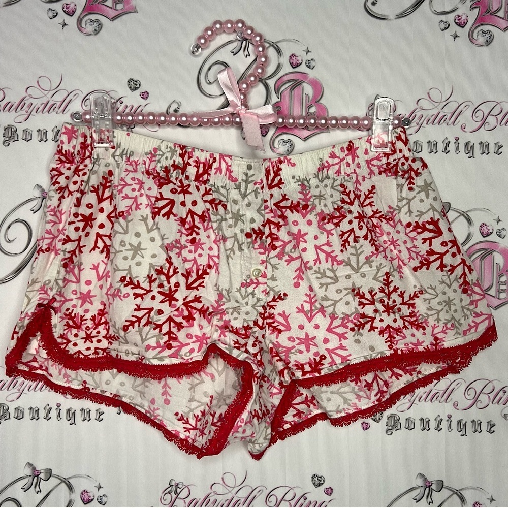 Victoriaโs Secret pyjama shorts, snowflakes, pink, red cream colour with lace